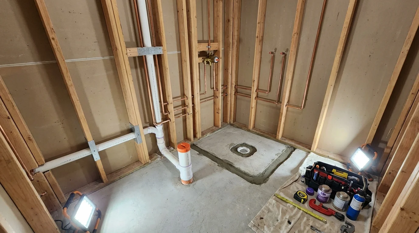 Bathroom rough-in plumbing during remodel by Johns Plumbing LLC in Moundridge