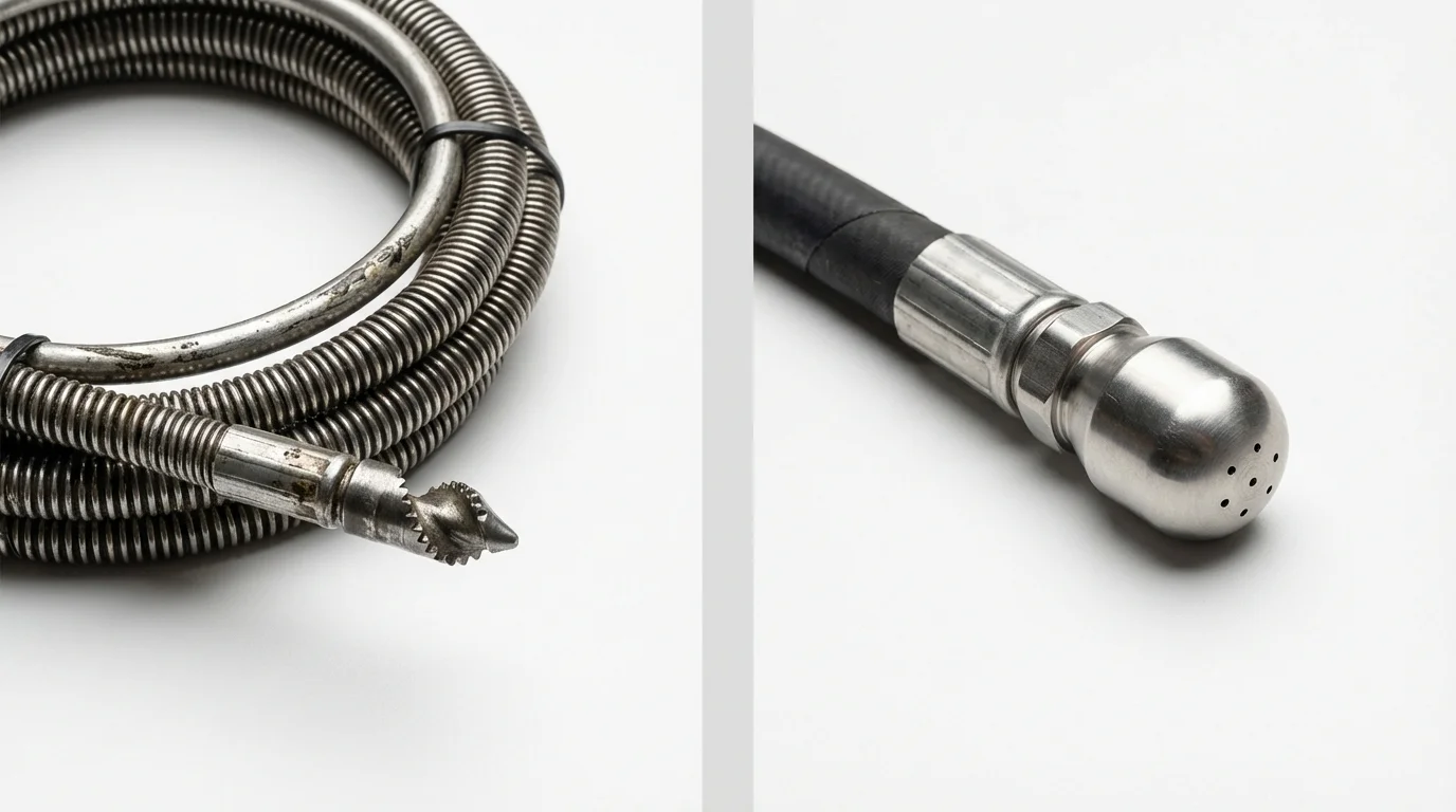 Drain snake cable and hydro jetting nozzle used for drain cleaning in Moundridge, KS