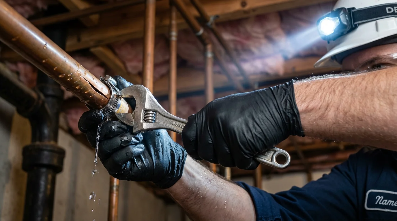 Emergency pipe clamp repair being performed by a Johns Plumbing LLC plumber in Moundridge