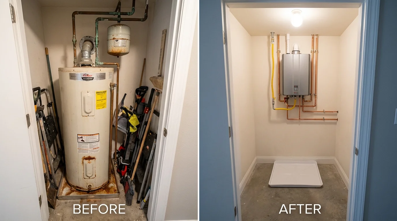 Tank water heater versus wall-mounted tankless unit comparison for Moundridge, KS homeowners