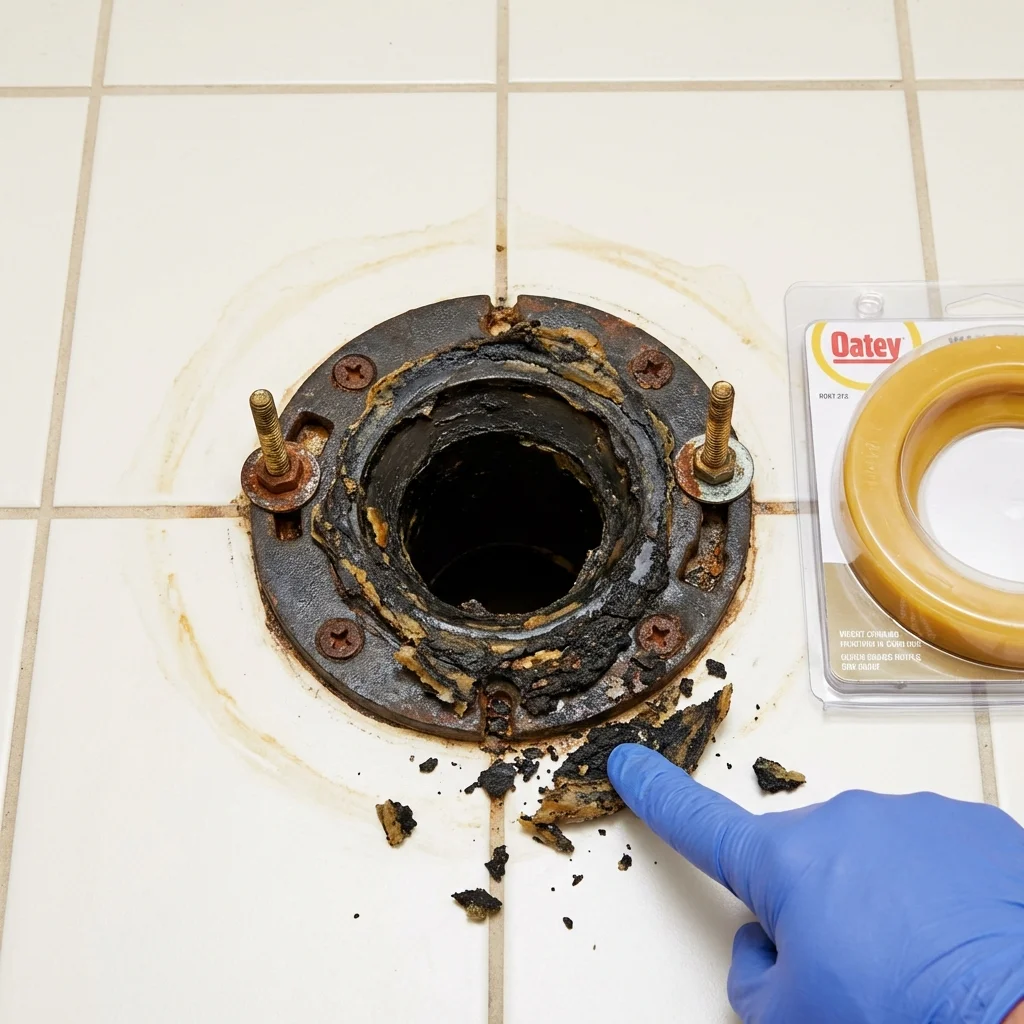 Failed wax ring showing water seepage at the base of a toilet in a Moundridge, KS home