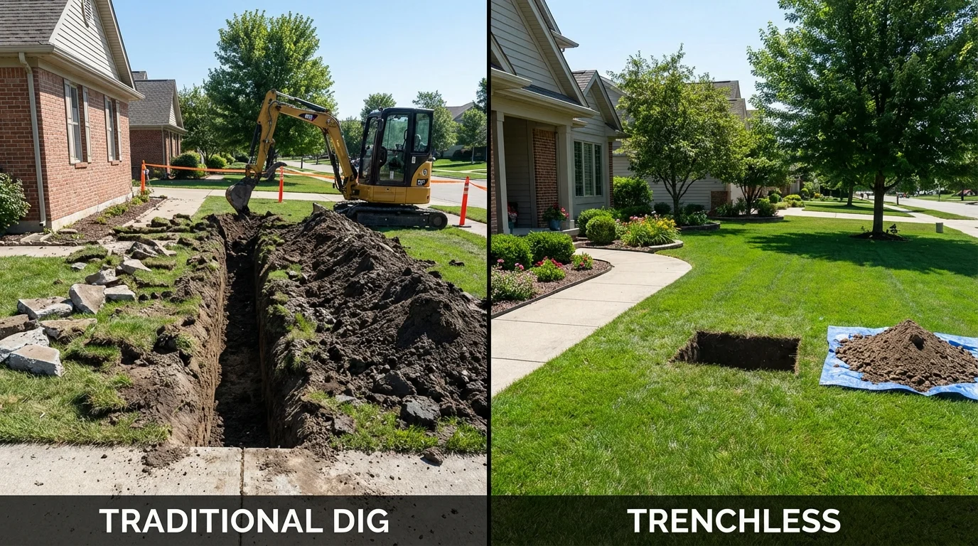 Trenchless sewer repair with minimal yard damage versus traditional excavation in Moundridge, KS